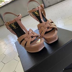 YSL (Authentic) soft nude leather ankle strap platform made in Italy